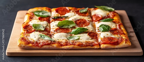 Pepperoni pizza with basil