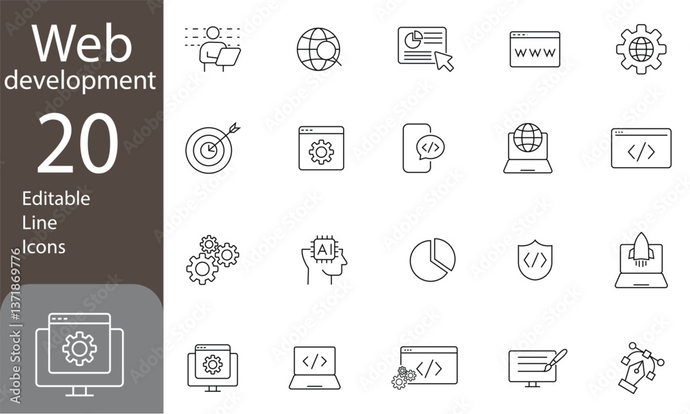Web Development Editable Line Icons Set. Code, api, programmer coding, app, flow, node connect, web coder, bug fix and more. Vector illustration Web Development Editable Line Icons Set. Code, api, programmer coding, app, flow, node connect, web coder, bug fix and more. Vector illustration