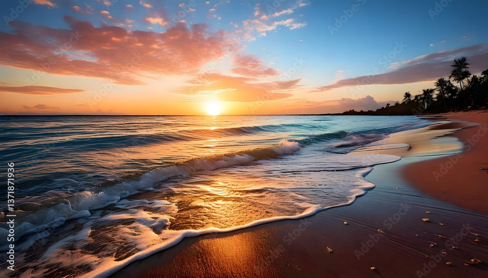 Obraz premium Vibrant Sunset Hues on Tropical Beach, Gentle Waves Kissing Golden Sand