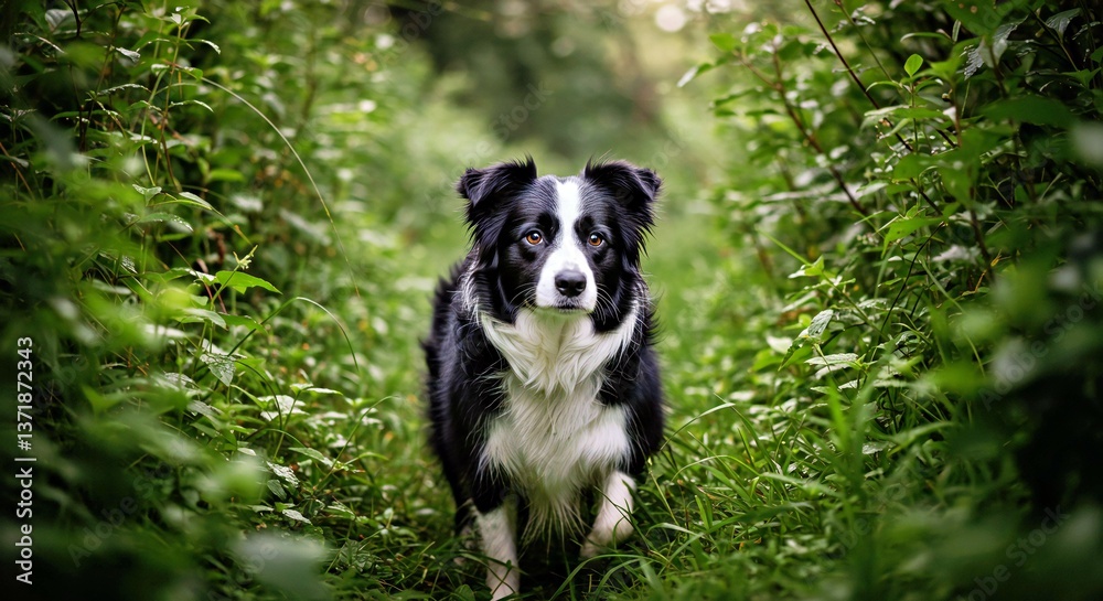 Fototapeta premium A Border Collie in a Lush Jungle Setting, Its Intelligent Eyes Focused Intently on Something Unseen Within the Dense Foliage