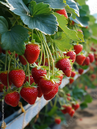 panoramic photo of large plantations of garden ripe maroon strawberries