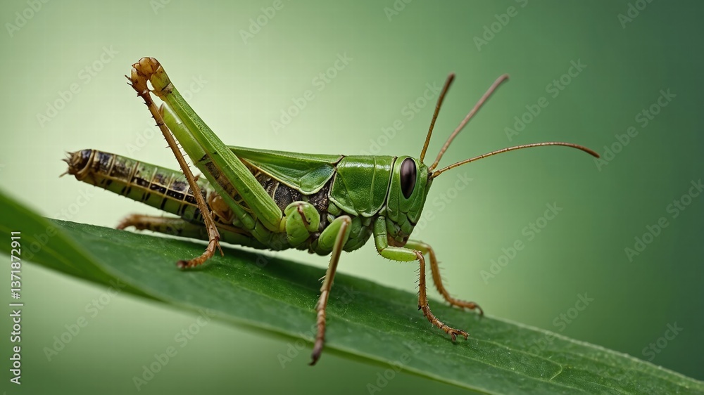 Green Grasshopper on Leaf - Macro Photography Green Grasshopper on Leaf - Macro Photography