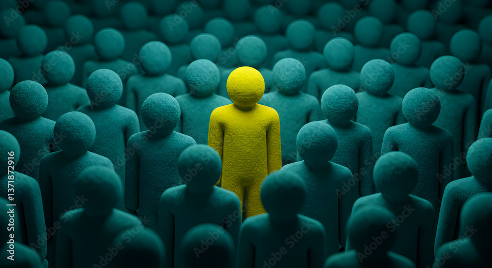 Obraz premium Yellow Figure Stands Out Among Teal Crowd Conceptual Visual Representation