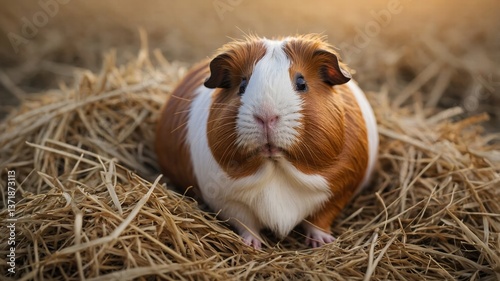 Adorable Red and White Guinea Pig in Hay