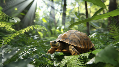 Ploughshare tortoise moves gracefully through lush green forest, surrounded by vibrant ferns and dappled sunlight photo