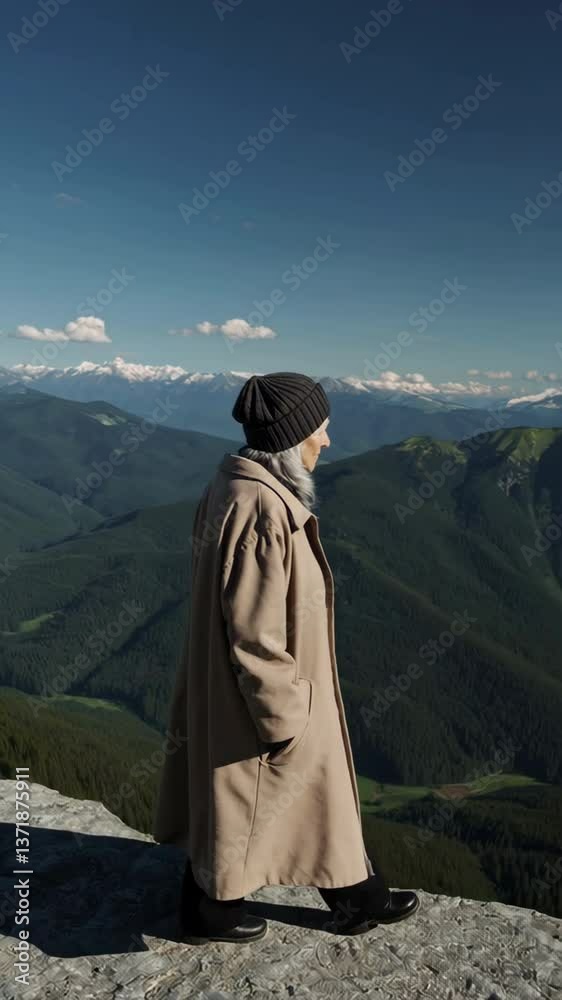Senior woman hiking in mountains enjoying scenic view Senior woman hiking in mountains enjoying scenic view