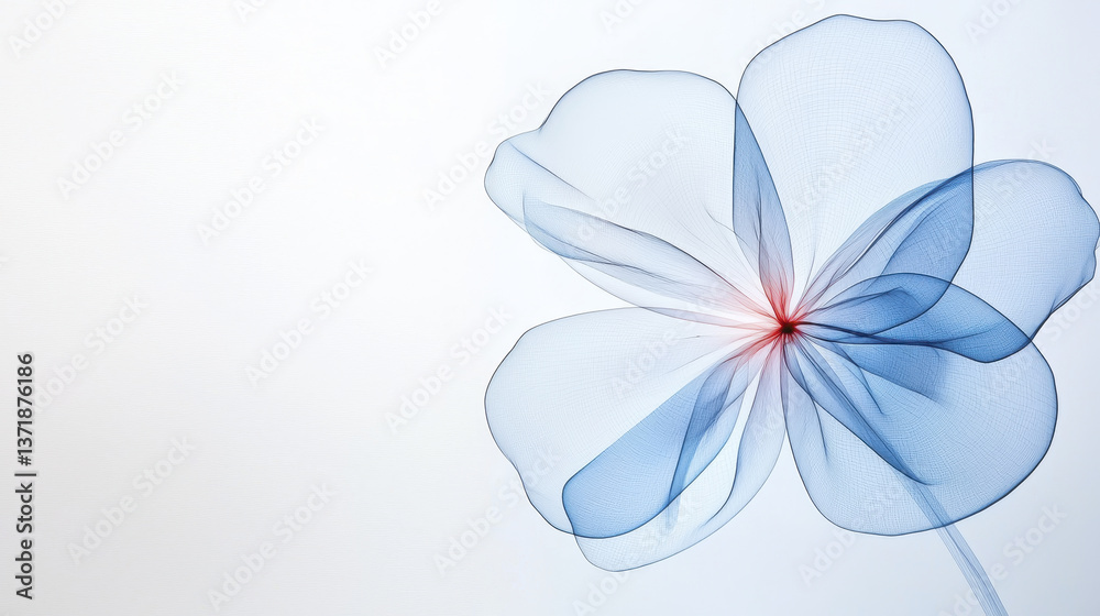 Obraz premium Ethereal blue flower with delicate petals, showcasing soft red center, evokes sense of tranquility and beauty