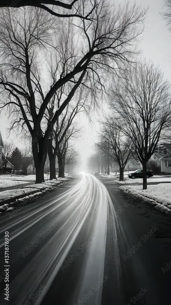 Winter morning on a quiet suburban street with bare trees and a soft snowfall, capturing the tranquil beauty of the season Winter morning on a quiet suburban street with bare trees and a soft snowfall, capturing the tranquil beauty of the season