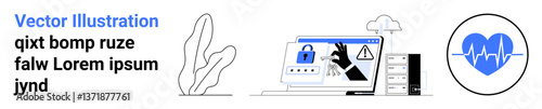 Laptop with lock and warning signs, cloud server, and heart monitor. Ideal for cybersecurity, IT protection, data encryption, server management, technology education, risk prevention simple landing