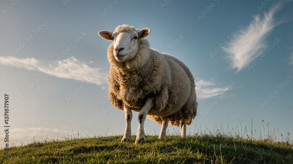 Fototapeta premium Fluffy Sheep on Hill,Sunset Sky