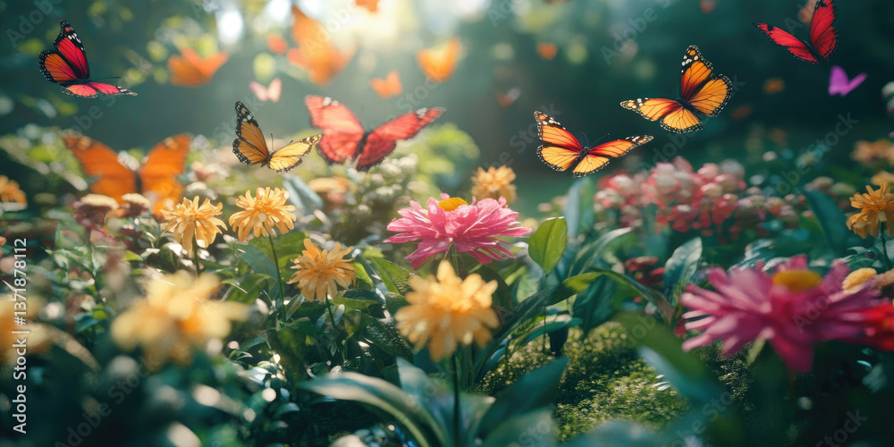 A Butterfly Garden in Full Bloom with Exotic Flowers for Floral, Garden, or Nature-Inspired Design Projects A Butterfly Garden in Full Bloom with Exotic Flowers for Floral, Garden, or Nature-Inspired Design Projects