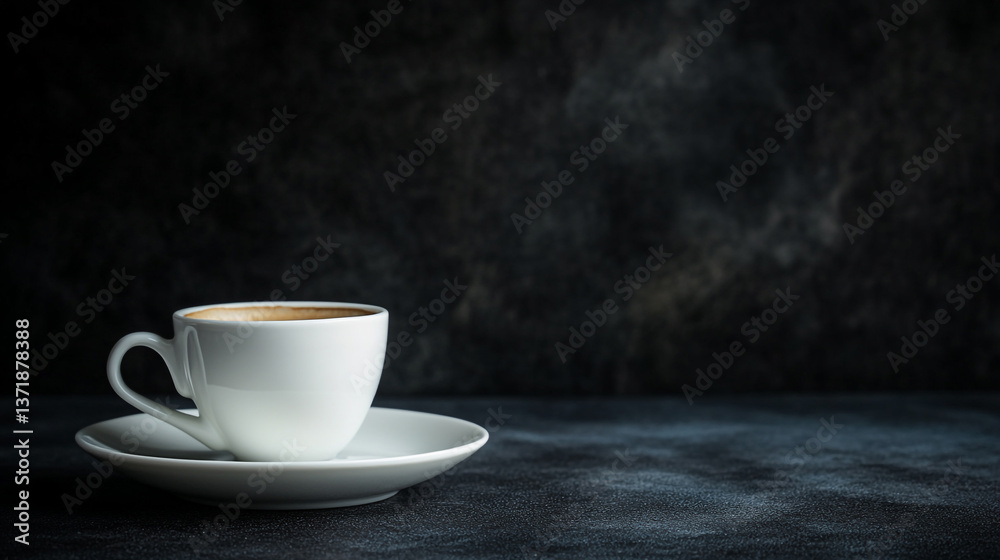 A white cup of coffee on a saucer against a dark background creating a moody and elegant atmosphere A white cup of coffee on a saucer against a dark background creating a moody and elegant atmosphere