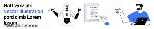 AI robot interacting, a contract being signed, and a professional using a laptop, highlighting technology, agreements, and teamwork. Ideal for innovation, business, automation partnerships