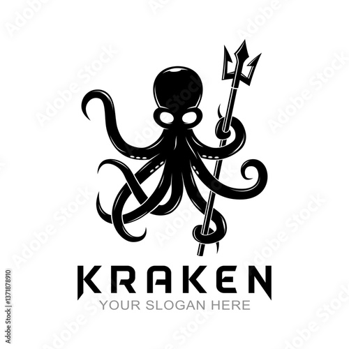 octopus and kraken silhouette logo holding trident vector