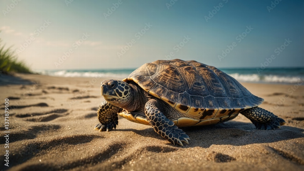 Sea Turtle on Sandy Beach at Sunset Sea Turtle on Sandy Beach at Sunset