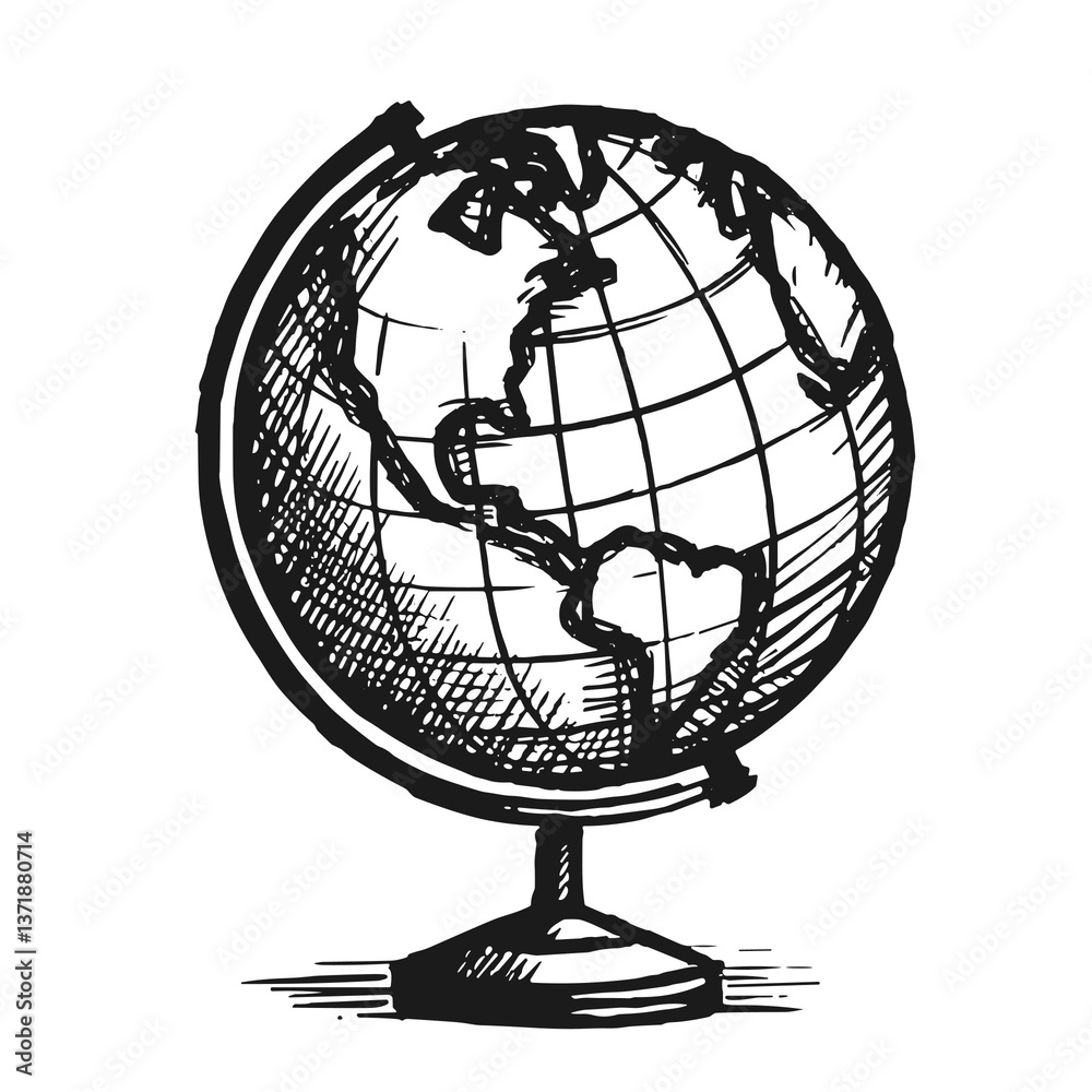 Obraz premium Vintage sketch illustration of a world globe, black and white, representing geography or travel, with copy space