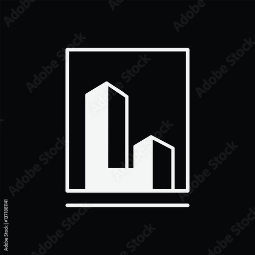 The image shows a flat logo design of a letter L in building shape inside a square frame in white color. The design looks clean on a black background and can be used for real estate logo. 

