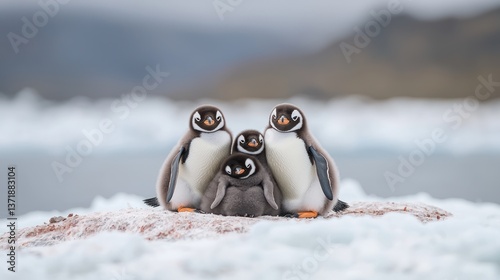 Adorable penguin family on icy terrain