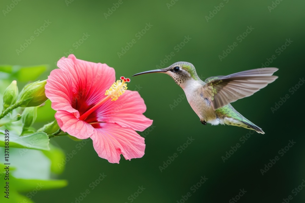 Fototapeta premium Hummingbird flies to hibiscus
