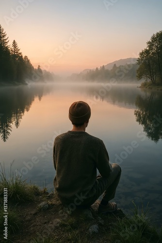 Man Watching Misty Sunrise Over Calm Lake: Contemplation