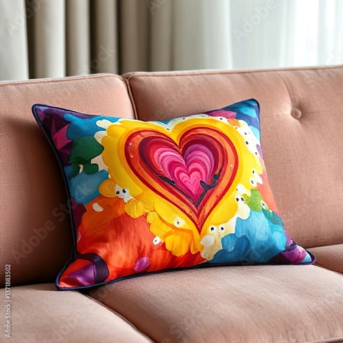Colorful Heart Pattern Cushion on Sofa
