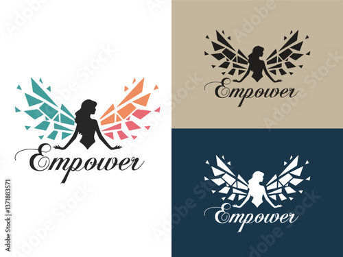 Empower Logo Design: A stylized logo design featuring a silhouette of a woman with geometric wings, symbolizing empowerment and growth.