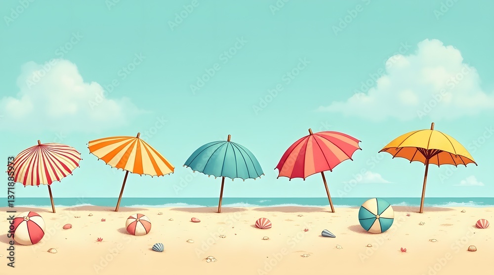 Vibrant beach umbrellas on sandy shore, light blue sky with clouds. Summer vacation concept, perfect for travel and leisure themes. Vibrant beach umbrellas on sandy shore, light blue sky with clouds. Summer vacation concept, perfect for travel and leisure themes.