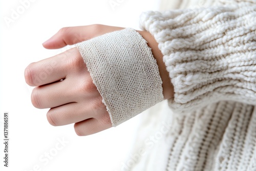 Hand with Bandage on Wrist Healing Injury in Soft Light