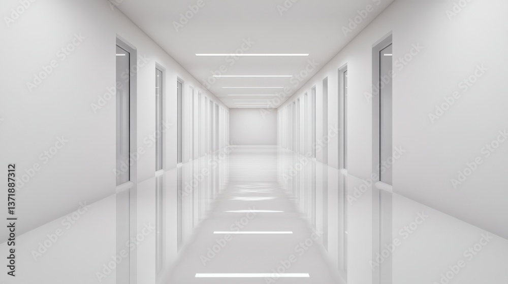 White hallway with doors and lights White hallway with doors and lights