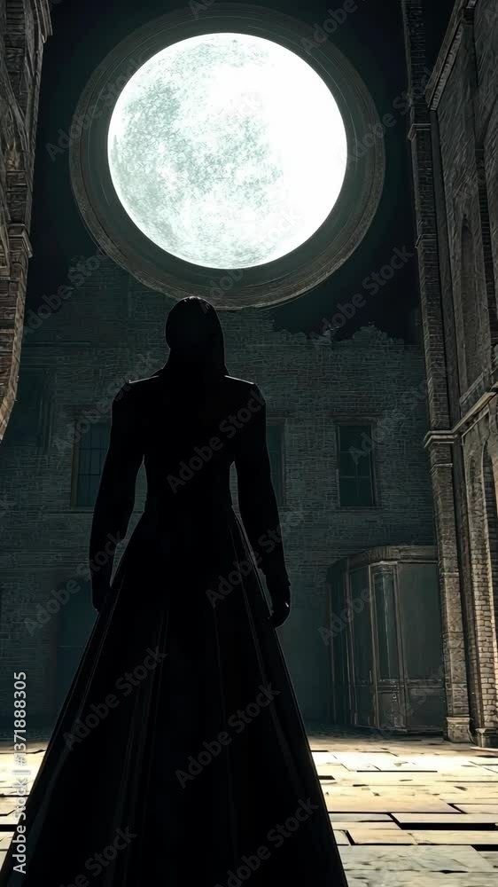 Dark figure gazes at a luminous moon in an abandoned stone courtyard at night Dark figure gazes at a luminous moon in an abandoned stone courtyard at night