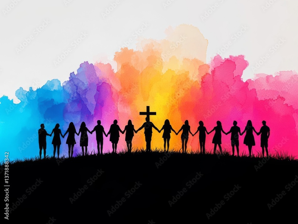 People holding hands and looking at the cross Digital watercolor painting People holding hands and looking at the cross Digital watercolor painting