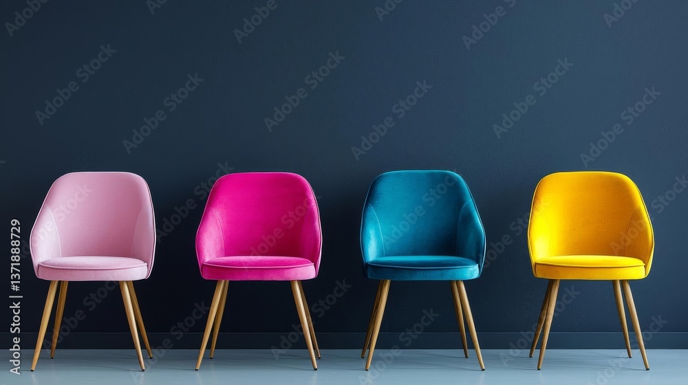 Obraz premium Row of trendy chairs in a row on grey wall background, interior trend design concept