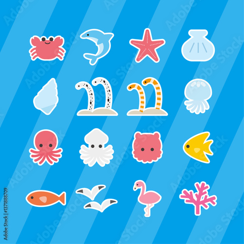 海の生き物アイコンセット：かわいい海の仲間たちのステッカー風イラスト - Marine Creature Icon Set: Cute Sticker-Style Illustrations of Sea Friends