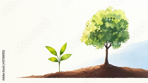 The mustard seed Watercolor illustration of a little sprout growing from the ground and a big tree in the background