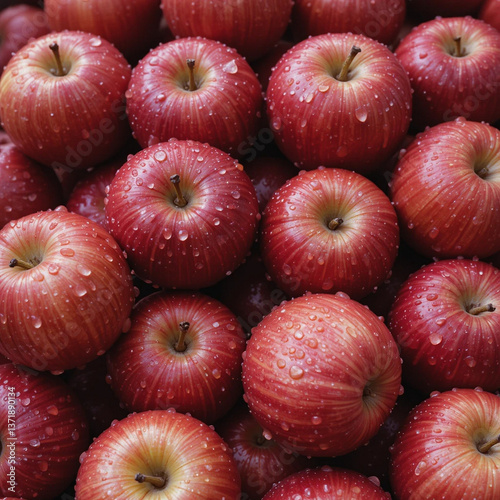 Many ripe juicy red apples covered with water drops as background