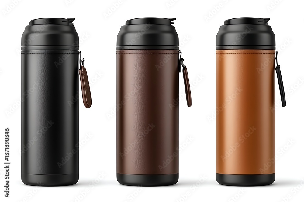 Insulated travel mugs in various colors isolated on a white backdrop Insulated travel mugs in various colors isolated on a white backdrop
