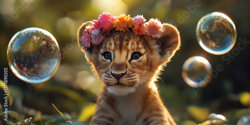 A Baby Lion Cub Wearing a Flower Crown Playing in a Field for Whimsical, Cute, or Fantasy Design Projects photo