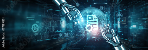 Hands of robots touching on content management network connection highlighting robotics, and optimizing digital workflows. Content management ensures efficient creation organization, and publishing.