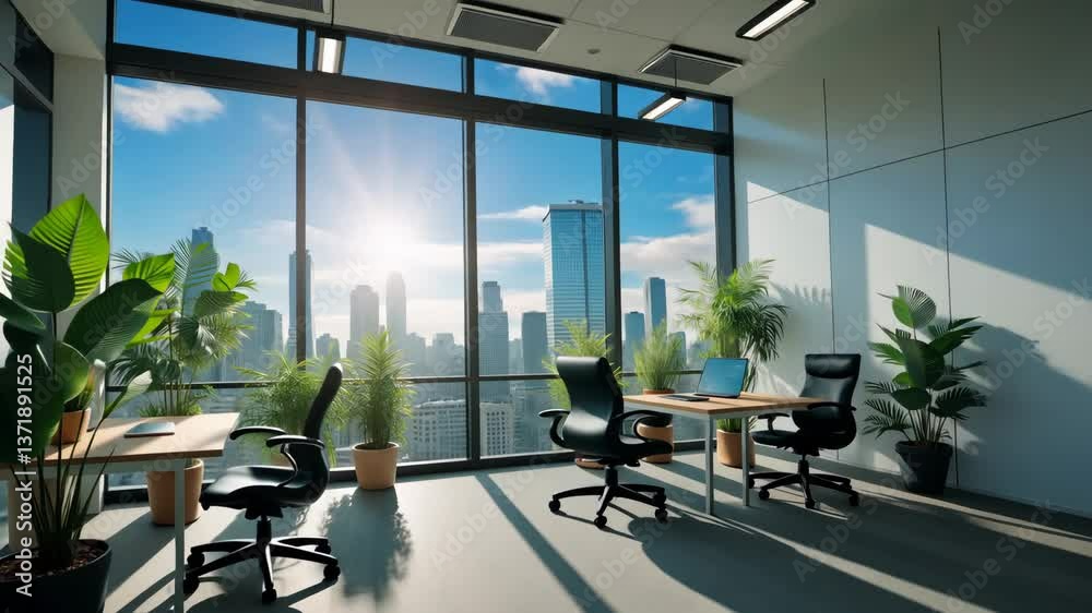 A large office with three desks and three chairs. The chairs are black, and the desks are wooden. There are potted plants on the desks and in the room