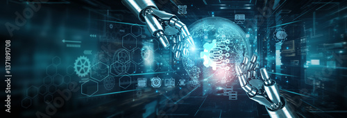 Hands of robots touching on digitization network connections highlight robotics transforming processes. Digitization integrates systems reduces silos enhances connectivity enables automation improves.