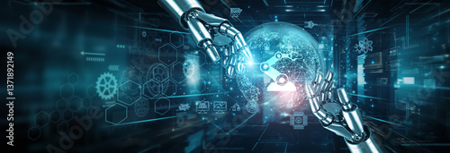 Hands of robots touching on Industry 4.0 network connection highlight robotics transforming manufacturing. Industry 4.0 integrates IoT AI automation big data smart factories, predictive maintenance.