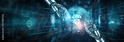 Hands of robots touching on insurance network connection highlight robotics revolutionizing industry processes. Insurance leverages RPA AI automation for claims processing underwriting fraud detection