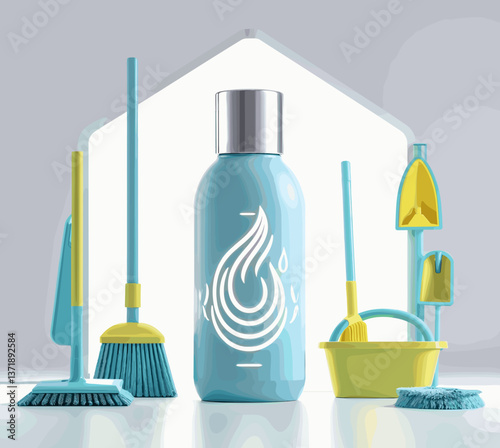 Cleaning tools and products in a bright and organized setting with copy space