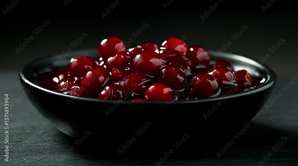 A visually striking contrast of cranberry sauce dripping against a jet-black surface, illuminated with moody side lighting A visually striking contrast of cranberry sauce dripping against a jet-black surface, illuminated with moody side lighting