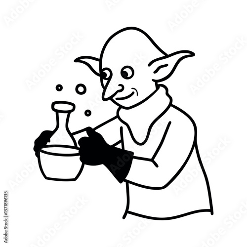 Happy goblin Pouring Potion into Cauldron