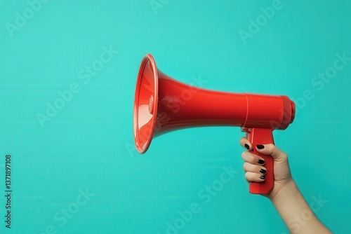 Person holding red megaphone against a bright turquoise background, making a bold statement.