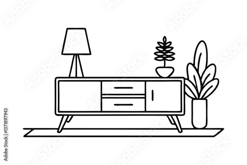 Cabinet with floor lamp and home plant. Indoor furniture with modern design Hand drawn line art flat vector illustration