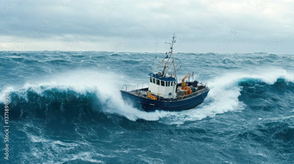 Naklejka premium fishing boat navigates through massive ocean waves, showcasing power of nature and resilience of maritime life