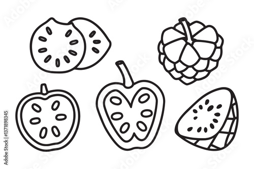 Cherimoya line art set isolated flat vector illustration on white background.