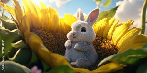 A Chubby Bunny Sitting Inside a Giant Sunflower for Fun Spring Imagery and Nature-Inspired Creativity photo
